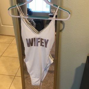 Wifey white and rose gold one piece bathing suit with tier back